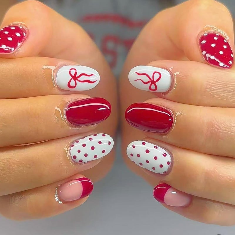 ASABITE 24Pcs Short Almond Press on Nails Cute Bow Polka Dot Press on Nails Valentines Fake Nails with Glue Red French Tip Valentine’s Day Nails Red White Full Cover Glue on Nail Bow Stick on Nail for Women - Image 1